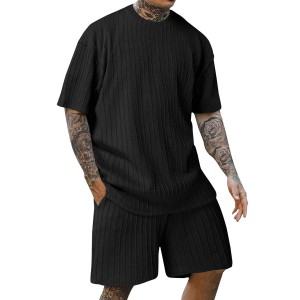 Men's Sports Solid Color Round Neck Vertical Striped Shorts Short Sleeves Two-piece Suit