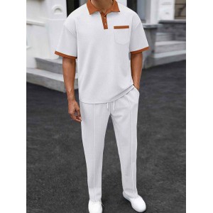 Men's Waffle Lapel Colorblock Short Sleeves Long Pants Two-piece Casual Suit