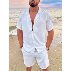Men's Summer Casual Lapel Cotton and Linen Solid Color Short Sleeve Shorts Suit