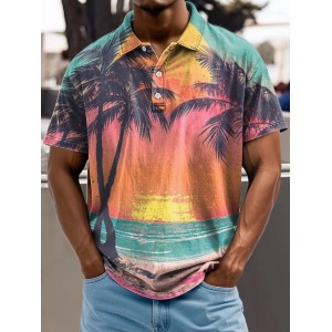 Vintage Beach Sunset Palm Tree Decorative Pattern Casual Cotton Polo