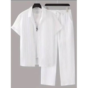 Men's Striped Short Sleeve Shirt Button-Down Lapel Suit