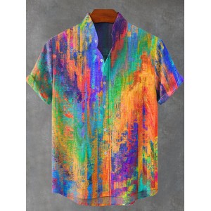 Vintage Rainbow Mottled Art Cat Print Casual 100% Cotton Shirt