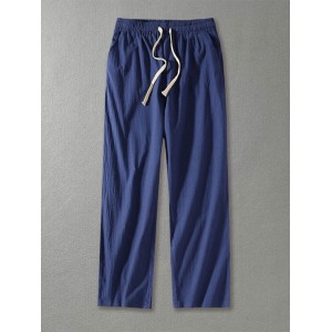 Men's Straight Wide Leg Pants Solid Color Cotton and Linen Casual Trousers Men