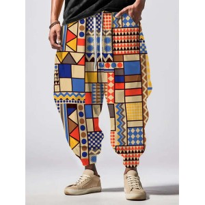 Men's Ethnic Style Geometric Patchwork Pattern Art Comfy 100% Cotton Pants