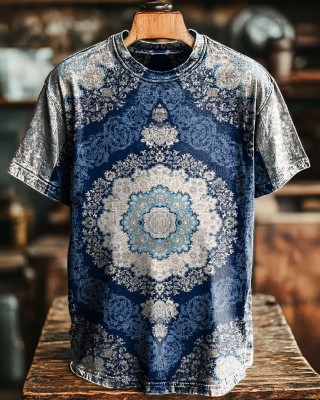 Unisex Retro Blue Ethnic Pattern Print Casual Loose Short Sleeve T-Shirt