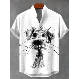 Cartoon scribble dog Vintage Print Casual 100% Cotton Shirt