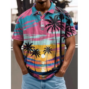 Summer Vacation Hawaiian Seaside Sunset Decorative Pattern Casual Cotton Polo