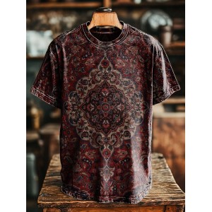 Unisex Retro Ethnic Pattern Print Casual Loose Short Sleeve T-Shirt