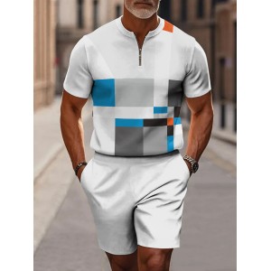 Geometric Color Block Decorative Pattern Short Sleeve Zipper Two-piece Set