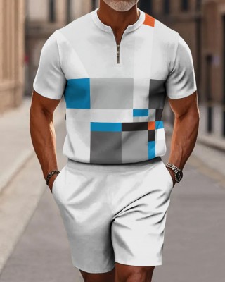 Geometric Color Block Decorative Pattern Short Sleeve Zipper Two-piece Set