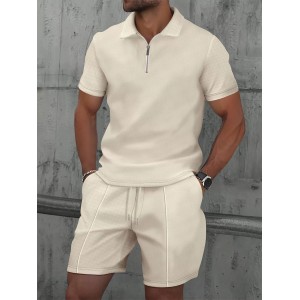 Men's Waffle Zipper Solid Color Lapel Short Sleeve T-shirt Shorts Casual Suit
