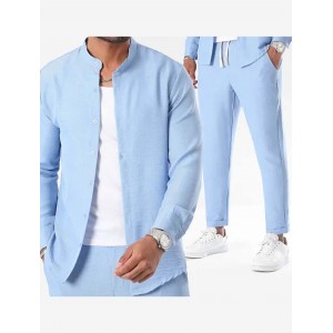 Men's Sports Suit Linen Casual Suit Long Sleeves Long Pants Two-piece Suit