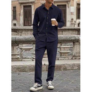Men's Corduroy Casual Lapel Button Shirt Long Sleeve Pants Set