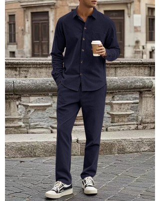 Men's Corduroy Casual Lapel Button Shirt Long Sleeve Pants Set