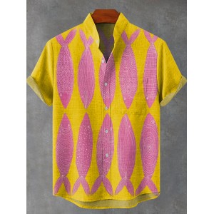 Vintage Pink Fishes Print Casual 100% Cotton Shirt
