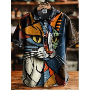 Vintage Cat Abstract Art Print Casual 100% Cotton Shirt