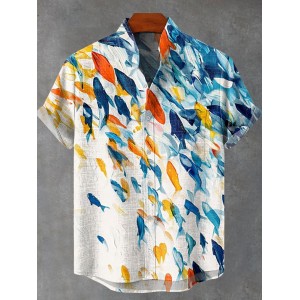 Blue Orange Abstract Fish Shoal Print Casual 100% Cotton Shirt