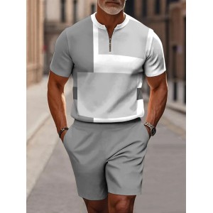 Simple Color Block Decorative Pattern Short Sleeve Zipper Two-piece Set