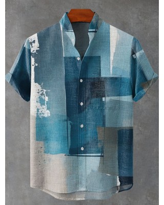 Blue Geometric Color Block Decorative Pattern Casual 100% Cotton Shirt