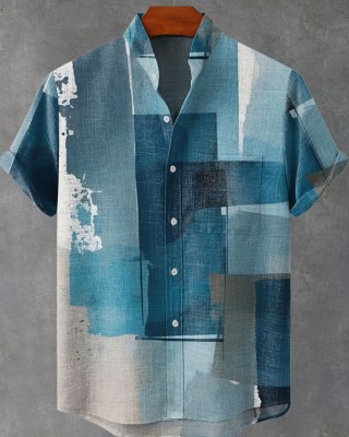 Blue Geometric Color Block Decorative Pattern Casual 100% Cotton Shirt