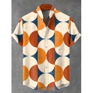 Retro Minimalist Color-block Symmetrical Geometry Print Casual 100% Cotton Shirt