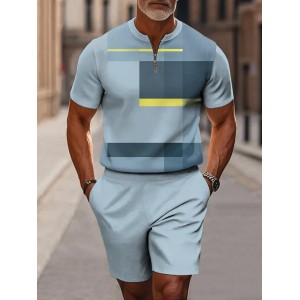 Men's Blue Color-block Rectangular Art Short Sleeve Zipper Two-piece Set