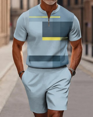 Men's Blue Color-block Rectangular Art Short Sleeve Zipper Two-piece Set