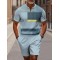 Men's Blue Color-block Rectangular Art Short Sleeve Zipper Two-piece Set