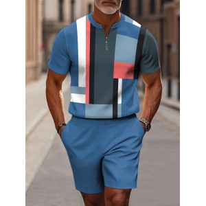 Color Collection Block Decorative Pattern Short Sleeve Zipper Two-piece Set