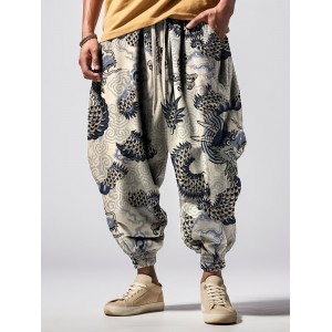 Men's Japanese Dragon Art Print Loose Drawstring Waist Sweatpants