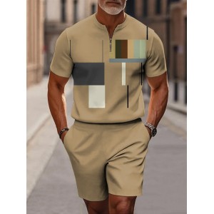 Men's Brown Irregular Square Geometric Art Short Sleeve Zipper Two-piece Set