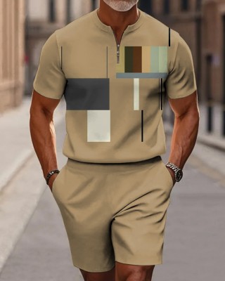Men's Brown Irregular Square Geometric Art Short Sleeve Zipper Two-piece Set