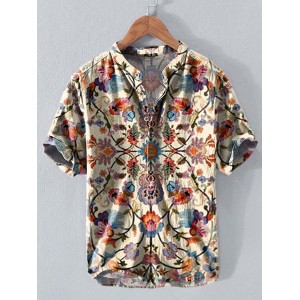 Vintage Flower Symmetry Pattern Art Print Casual Cotton And Linen Polo