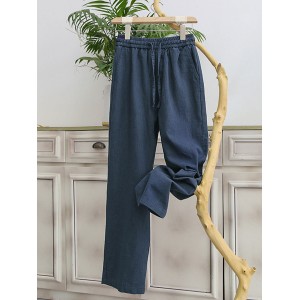 Men's Cotton Linen Plain Elastic Drawstring Waist Wide Leg Pants
