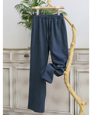 Men's Cotton Linen Plain Elastic Drawstring Waist Wide Leg Pants