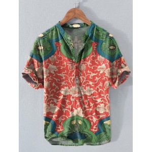 Men's Vintage Lovely Floral Art Print Casual Cotton And Linen Polo