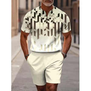 Men's Casual Abstract Art Geometry Gradient Print Short Sleeve Zipper Two-piece Set