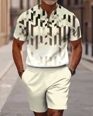 Men's Casual Abstract Art Geometry Gradient Print Short Sleeve Zipper Two-piece Set