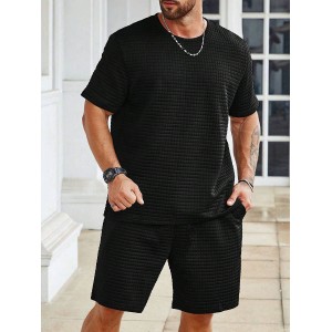 Men's Sports Casual Small Plaid Loose Round Neck Short-sleeved Shorts Suit