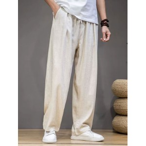 Men's Cotton Linen Plain Elastic Drawstring Waist Wide Leg Pants