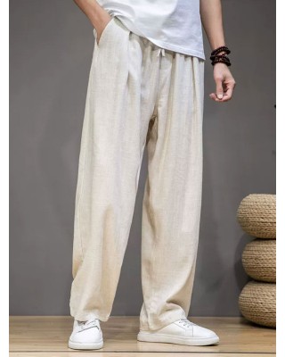 Men's Cotton Linen Plain Elastic Drawstring Waist Wide Leg Pants