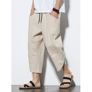 Men's Casual Pocket Drawstring Waist Wrapped Cuff Cotton Linen Crop Harem Pants