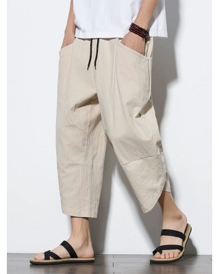 Men's Casual Pocket Drawstring Waist Wrapped Cuff Cotton Linen Crop Harem Pants