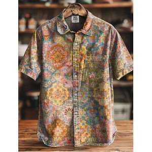 Vintage Ethnic Pattern Flowers Colors Art Print Casual 100% Cotton Shirt