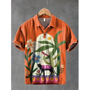 Plants In Front of Vintage Arch. Black Panther and Plant Decorative Pattern Casual Cotton And Linen Polo