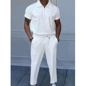 Men's Casual Loose Solid Color Lapel Short Sleeve Zipper Pants Suit