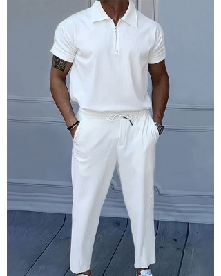 Men's Casual Loose Solid Color Lapel Short Sleeve Zipper Pants Suit