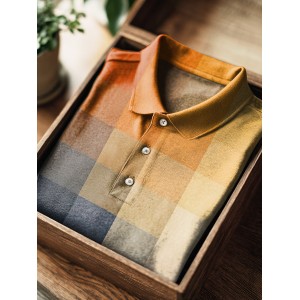 Orange Blue Sunset Gradient Grid Print Casual Cotton Short Sleeve Polo