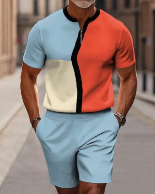 Abstract Art Color Block Decorative Pattern Short Sleeve Zipper Two-piece Set