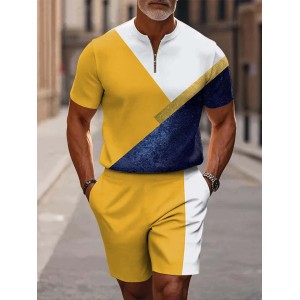Men's Yellow Blue Geometric Mosaic Casual Short Sleeve Zipper Two-piece Set